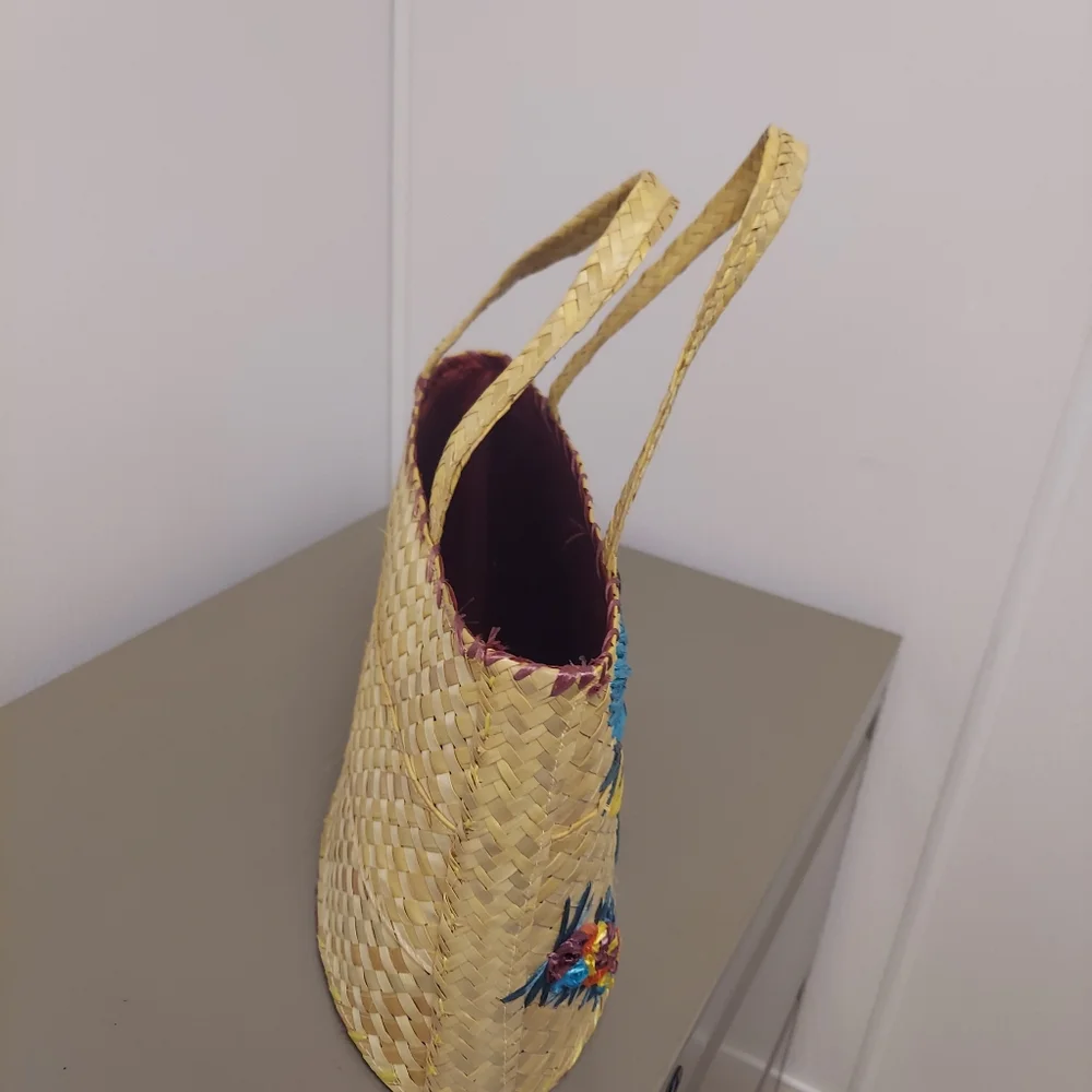 Vintage Floral & Shells Woven Tourist Bag Purse Raffia Straw Beach - Picture 5 of 13